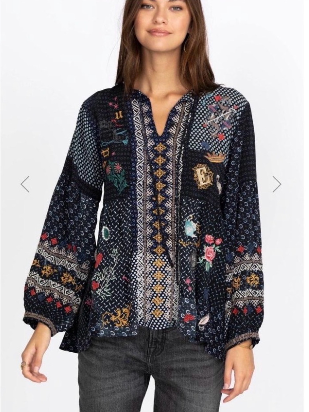Johnny Was Biya Alice in Wonder Blouse Heavily Embroidered 100% Silk